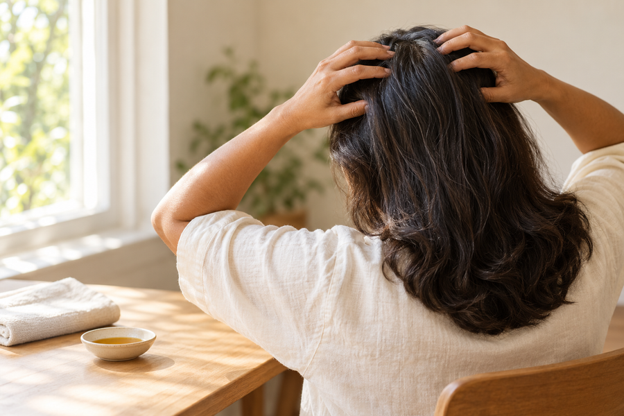 Une femme vue de dos se masse le cuir chevelu du bout des doigts, un petit bol d'huile capillaire posé sur la table à côté d'elle