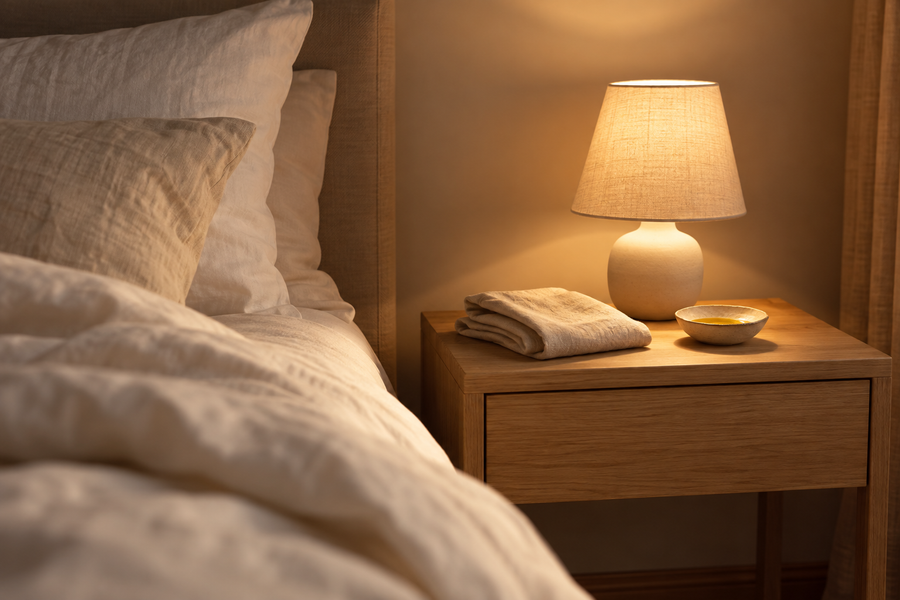 Une table de chevet le soir, avec une petite lampe allumée, un linge en lin plié et une coupelle en céramique remplie d'huile dorée, une literie blanche et douce juste à côté
