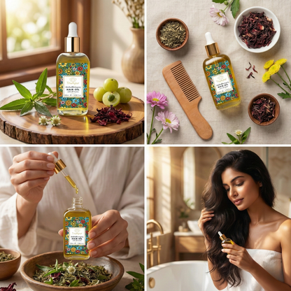 Huile ayurvédique de massage du cuir chevelu aux 29 plantes pour réduire le stress, revitaliser les cheveux et favoriser la relaxation
