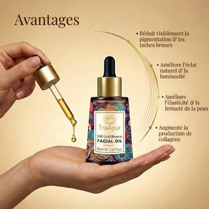 Huile visage ayurvédique à l’or 24K pour un teint éclatant et uniforme