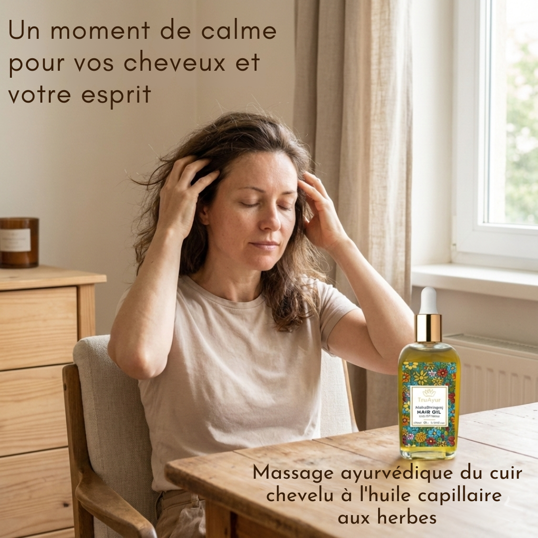 Huile ayurvédique de massage du cuir chevelu aux 29 plantes pour réduire le stress, revitaliser les cheveux et favoriser la relaxation