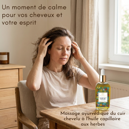 Huile ayurvédique de massage du cuir chevelu aux 29 plantes pour réduire le stress, revitaliser les cheveux et favoriser la relaxation
