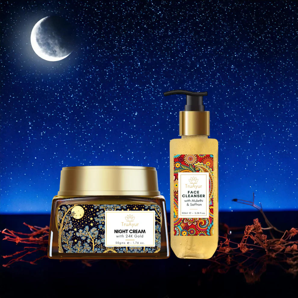 Rituel nocturne Saffron Glow (crème de nuit à l'or 24 carats et nettoyant visage)