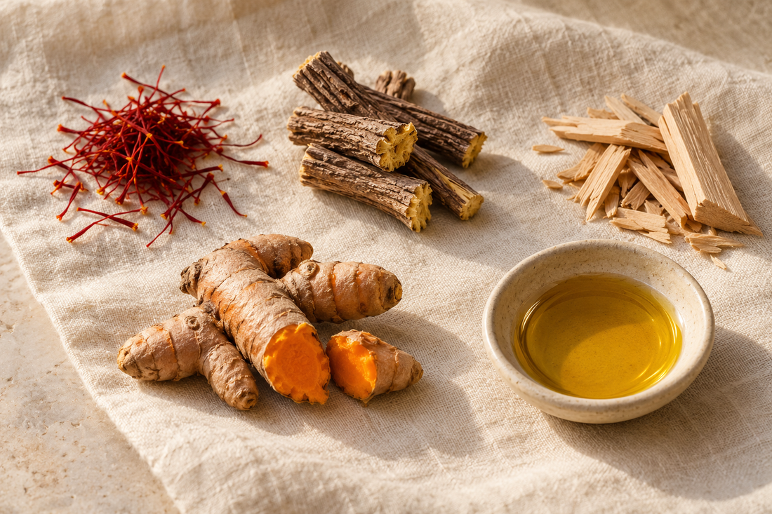 Filaments de safran, rondelles de racine de réglisse, copeaux de santal et racine de curcuma frais à côté d'une petite coupelle d'huile dorée