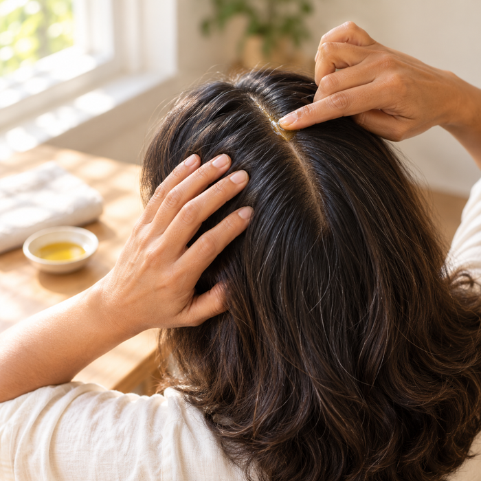 Des cheveux séparés par une raie bien droite, le bout d'un doigt déposant de l'huile le long de la raie