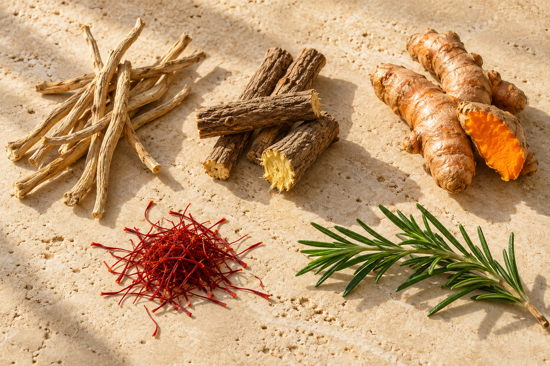 Racines d'ashwagandha séchées, bâtons de racine de réglisse, curcuma frais, filaments de safran et un brin de romarin sur une pierre couleur crème