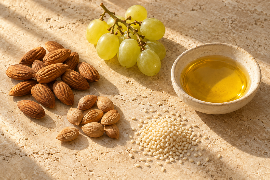 Des amandes entières, des noyaux d'abricot, des graines de sésame et une petite grappe de raisin vert à côté d'une coupelle en céramique remplie d'huile dorée