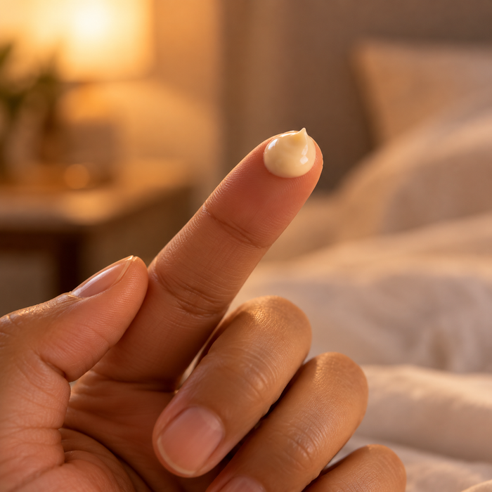 L'équivalent d'un petit pois de crème de nuit sur le bout d'un doigt